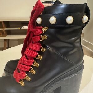 Black Platform Lace-Up Ankle Boots with Red Laces
